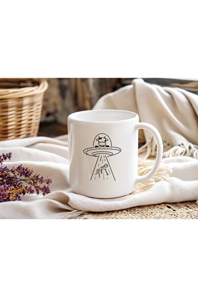 Beramussa Alien Pulling a Spacecraft Out of a Cow Cup, Funny Alien Design Mug...