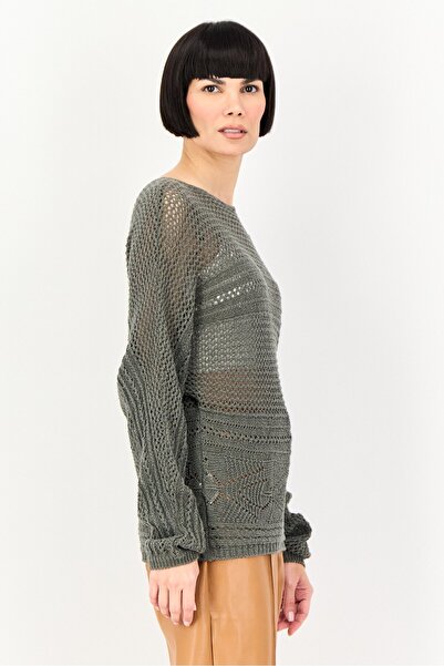 PROMOD Women Round Neck Textured Sweater, Olive