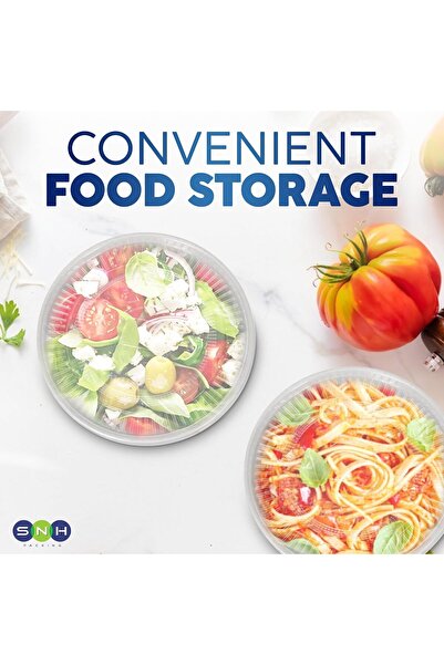 SNH Packing 25-Pack 1300ml White Round Disposable Paper Bowls with Clear Lids