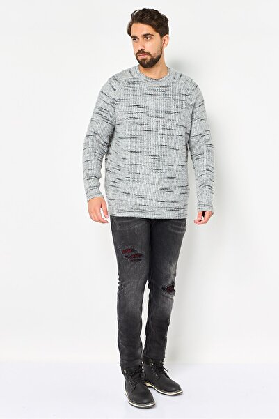 CELIO Men Crew Neck Textured Sweater, Heather Grey