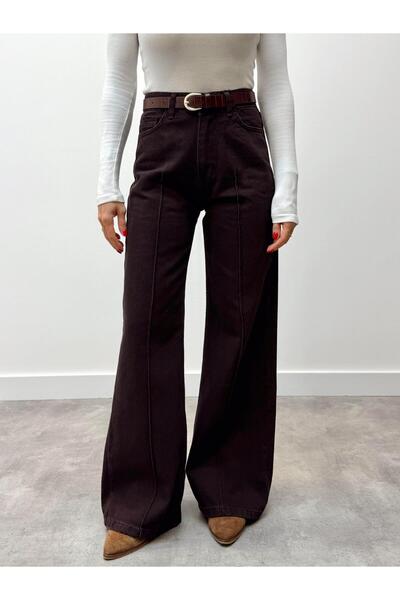 Maldia Shop Women's High Waist Belted Jean Denim Brown Pants