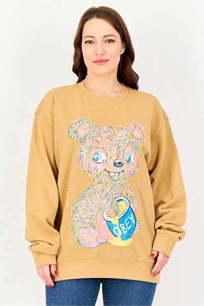Obey Women Crew Neck Long Sleeve Graphic Print Sweatshirt, Brown