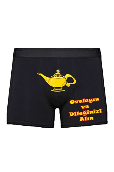 HediyeMania Alaaddinin Sihirli Lambası Baskılı Espirili Siyah Erkek Boxer Kaliteli Pamuk İç Çamaşırı Alaattin