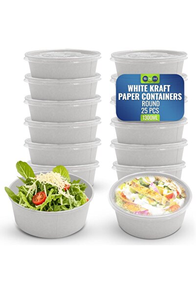 SNH Packing 25-Pack 1300ml White Round Disposable Paper Bowls with Clear Lids