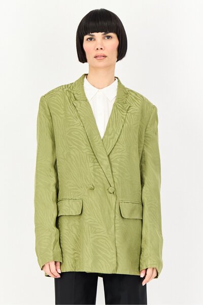 PROMOD بليزر كاجوال بطباعة تجريدية بقصّة عادية للنساء، لون زيتوني