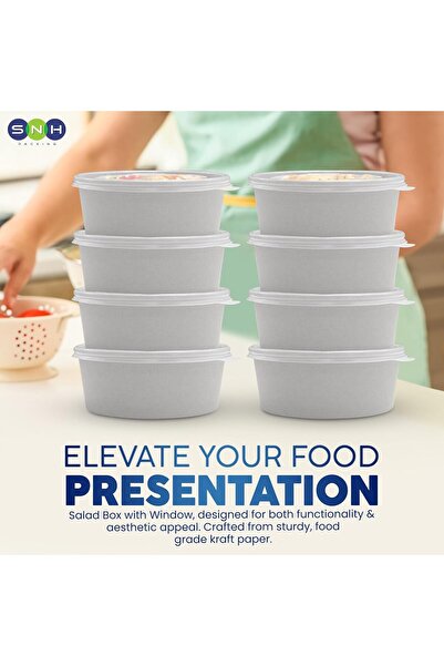 SNH Packing 10-Pack 1100ml White Round Disposable Paper Bowls with Clear Lids