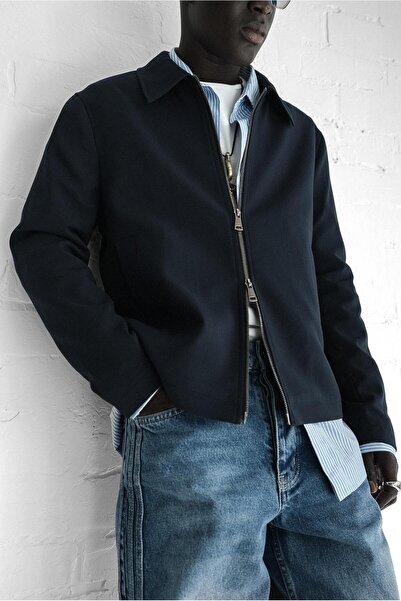 ablukaonline Men's Relaxed Fit Zipper Thin Jacket Dark Navy Blue