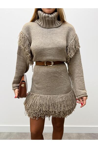Maldia Shop Women's Tone Long Sleeve Tassel Knit Sweater Dress