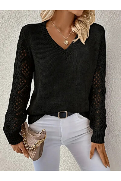 MADAMNİZ Women's long-sleeved V-neck Sleeve-hole Diamond Pattern Detailed Knitwear Sweater