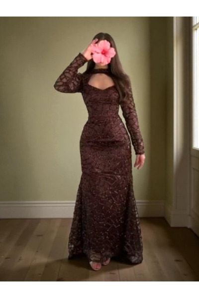 Nice Model فستان سهرة رسمي ماكسي بأكمام طويلة مزين بالترتر مع دانتيل لحفلات الزفاف