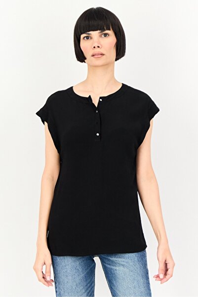 PROMOD Women Round Neck Cap Sleeve Plain Tops, Black