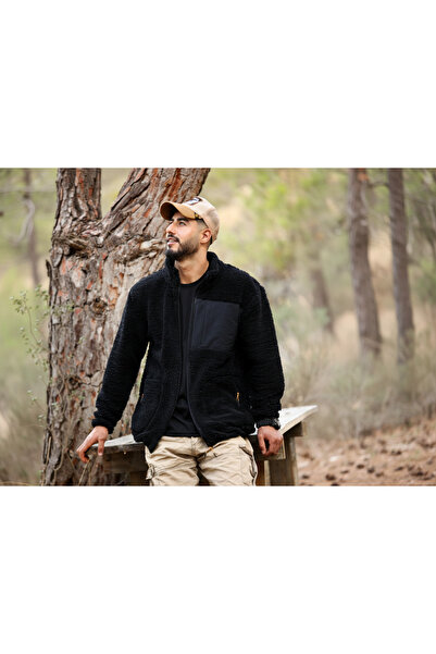 TKT Μαύρο μπουφάν από φλις Welsoft με φερμουάρ, 3 τσέπες, λεπτομέρεια στο μπροστινό μέρος, πλήρες μέγεθος