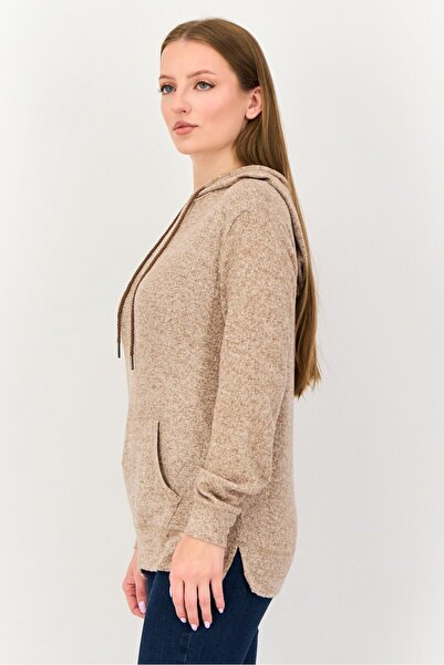 Poof Women Heather Long Sleeve Hooded Sweatshirt, Light Brown