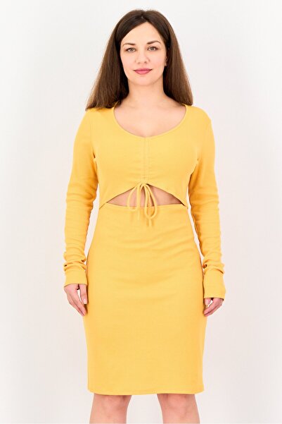 BCBG Women Ribbed Cutout Detail Bodycon Dress, Gold