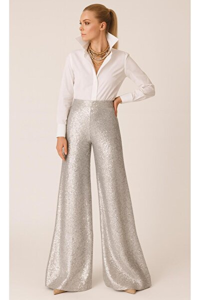 ALYEL NAKER High Waist Silver Sequin Wide Leg Pants