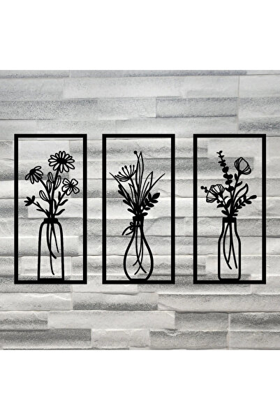 shirtways VAZO&ÇİEKLER AHŞAP ÇERÇEVE 3'lü SET DUVAR DEKORASYONU
