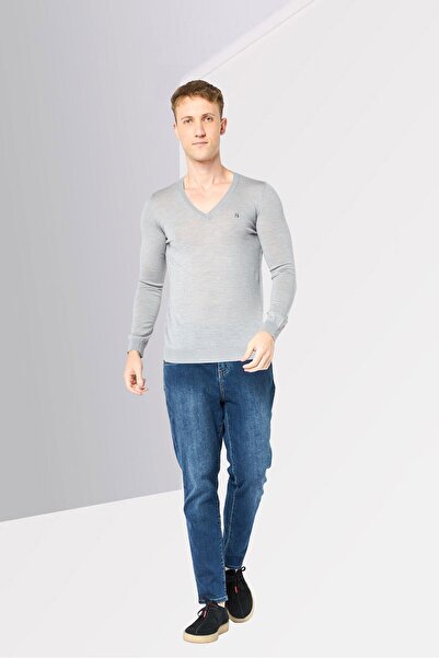 Harmont & Blaine Sport Men V-Neck Embroidered Logo Long Sleeve Sweater, Grey