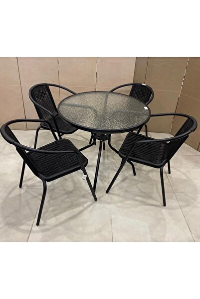 cama Garden table set with 4 chairs, black color, metal design, and round glass table