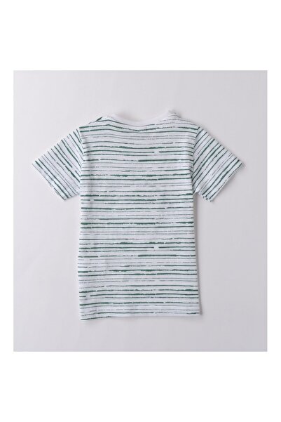 İDO I Do - Striped T-shirt with Dinosaur Print for Boys, White/Green, 116 cm