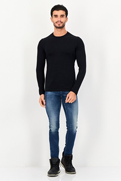 CELIO Men Crew Neck Long Sleeve Plain T-Shirts, Black