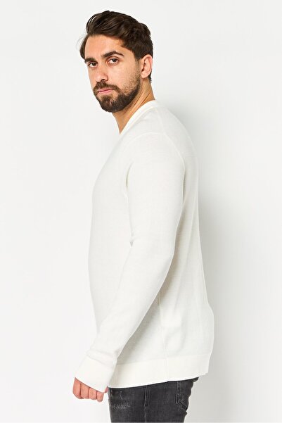 CELIO Men Crew Neck Textured Long Sleeve Sweatshirt, Off White