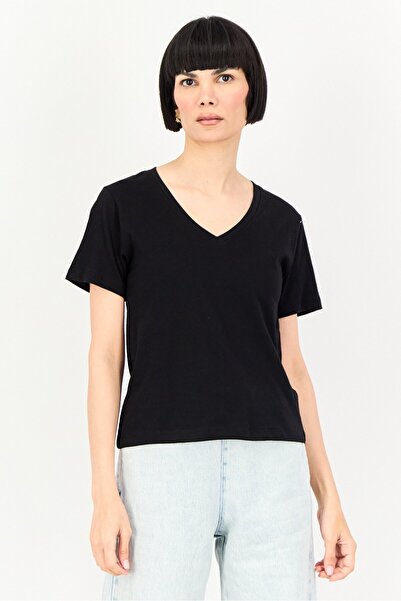 Brave Soul Women V-Neck Short Sleeve Solid T-Shirt, Black