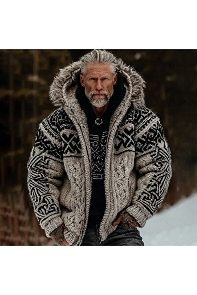 Codan Men's Viking Celtic Art Cozy Fur Collar Knit Hooded Sweater Jacket