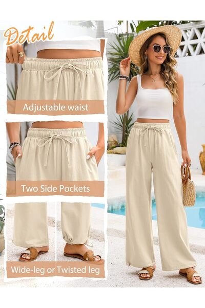 Niwicee Women's Linen Muslin Cotton Trousers High Waist Wide Straight Loose Casual Khaki M