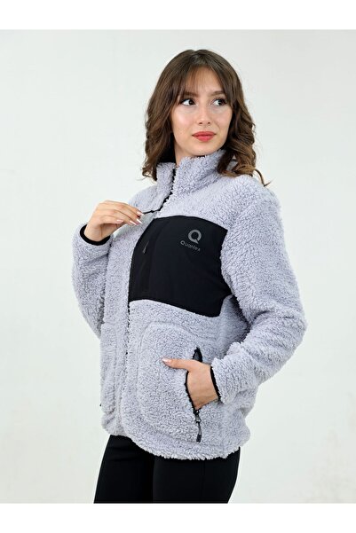 TKT Gray Women's Lamb Welsoft Fleece Jacket Full Zipper 3 Pockets Front Piece Detail Full Size