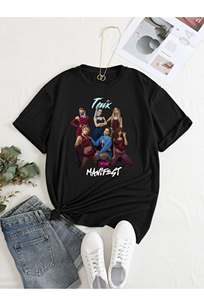 barsdepo Tricou cu imprimeu Manifest, tricou negru oversize unisex pentru cop...