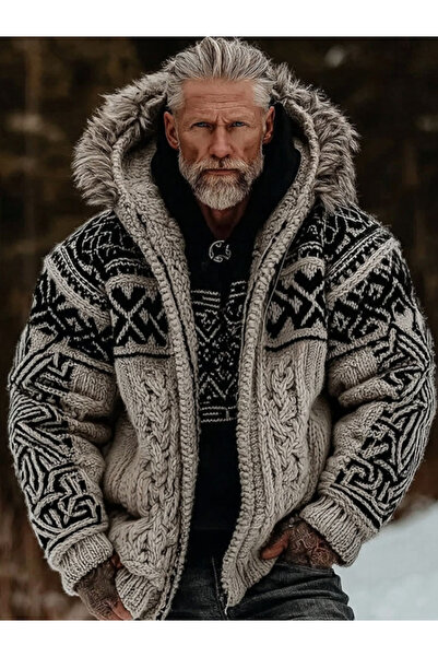 Codan Men's Viking Celtic Art Cozy Fur Collar Knit Hooded Sweater Jacket
