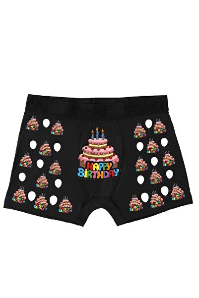 HediyeMania Happy Birthday Doğum Günü Pastası Baskılı Espirili Erkek Boxer Kaliteli Pamuk İç Çamaşırı Siyah