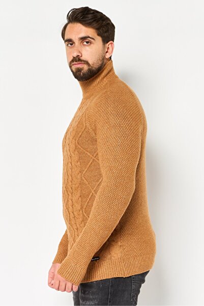 Threadbare Men Mock Neck Crochet Sweater, Camel