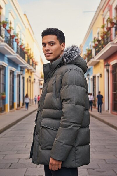 zhrcollection Men's Waterproof Fur Hooded Thermal Puffer Winter Coat – Cold-Proof Padded Model