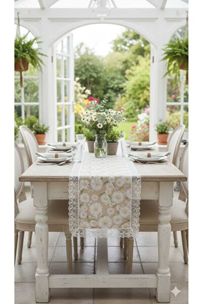 Rona Home Daisy Patterned Guipure Runner White with Thin Edging – Stylish Table Decor Bridal House Dowry Table Runner