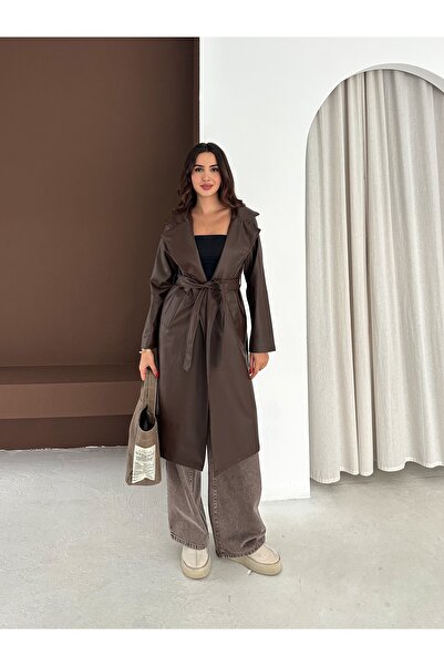 02Lady Fashion Καμπαρντίνα από συνθετικό δέρμα με επένδυση και ζώνη