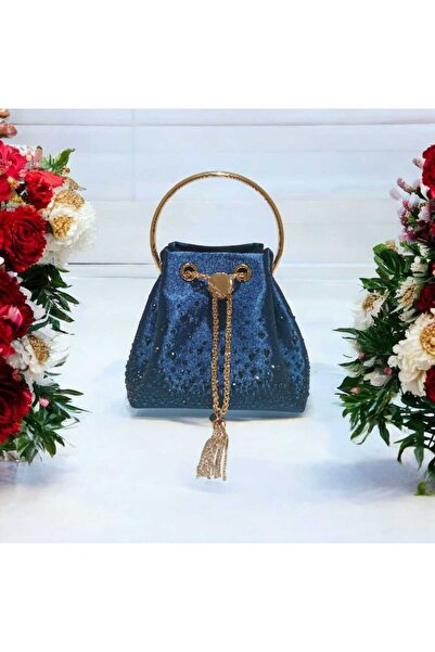 Butik Lüks Lacivert Saten Taş İşlemeli Abiye Çanta