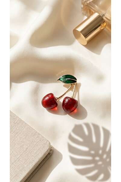 SR Jewelry Box Kiraz Broş – Kırmızı Cam Görünümlü Çift Kiraz Altın Detaylı Br...