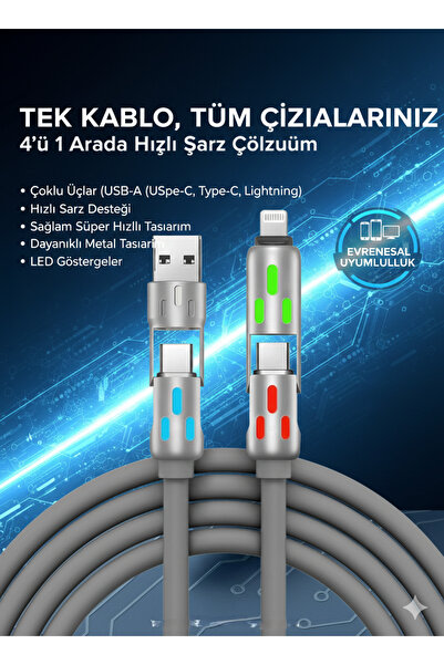 sonx 4'ü1 Arada 240W Süper Hızlı Şarj Kablosu - Type-C & Lightning & USB Meta...