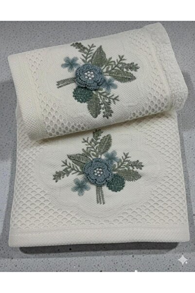 alinastore Embroidered 3D Anali Girl Cotton Towel (Cream-Blue)