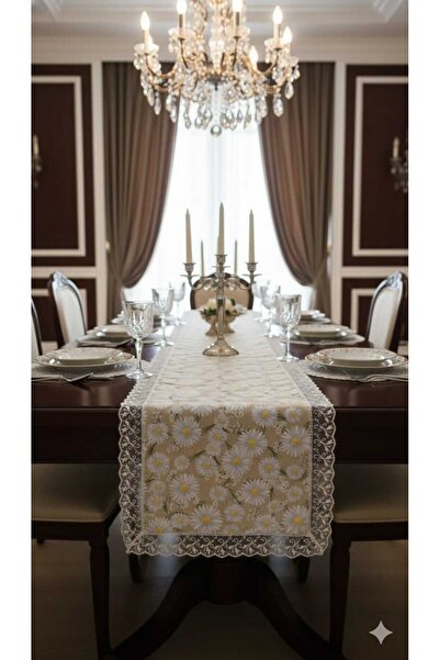 Rona Home Daisy Patterned Guipure Runner White with Thin Edging – Stylish Table Decor Bridal House Dowry Table Runner