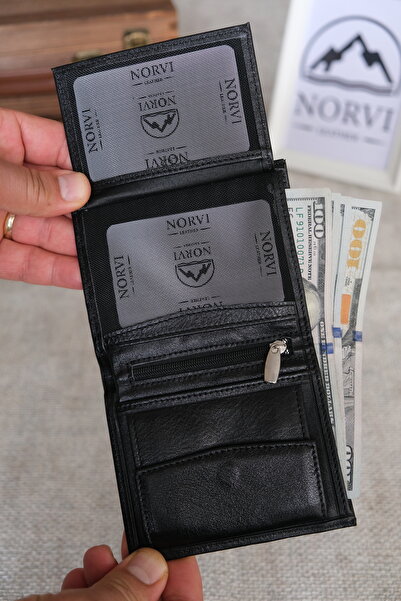 Norvi Leather Genuine Leather Wallet with Coin Compartment Black 1008