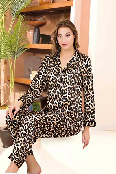 lidofya Leopard print satin pajama set with button detail