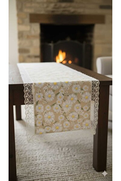 Rona Home Daisy Patterned Guipure Runner White with Thin Edging – Stylish Table Decor Bridal House Dowry Table Runner
