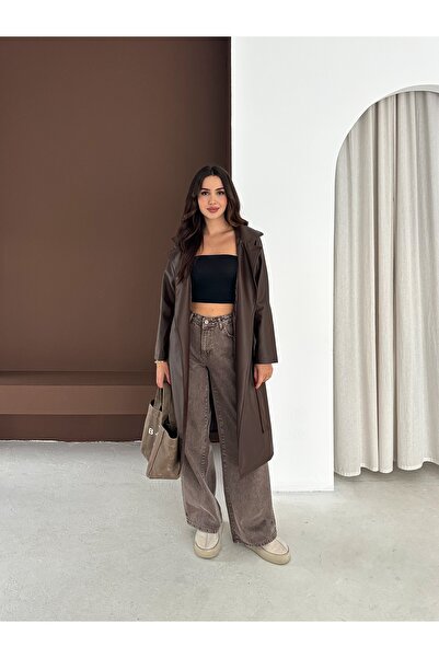 02Lady Fashion Καμπαρντίνα από συνθετικό δέρμα με επένδυση και ζώνη