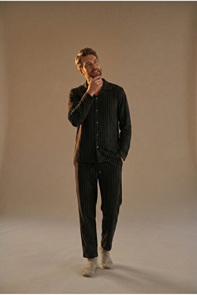 EVIus Striped Crepe Long Sleeve Shirt Pants Pajama Set Stretch Fabric Fabric Regular Fit