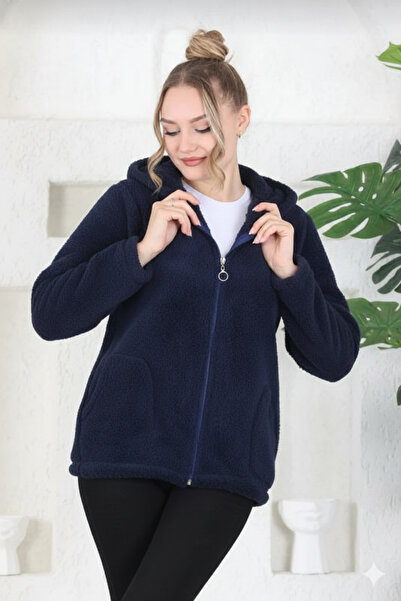 MAKSEN TEKSTİL Hooded Welsoft Navy Blue Plush Cardigan - Winter Plush Cardigan Jacket with Pockets and Hooded Zippers