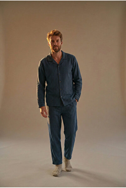 EVIus Striped Crepe Long Sleeve Shirt Pants Pajama Set Stretch Fabric Fabric Regular Fit