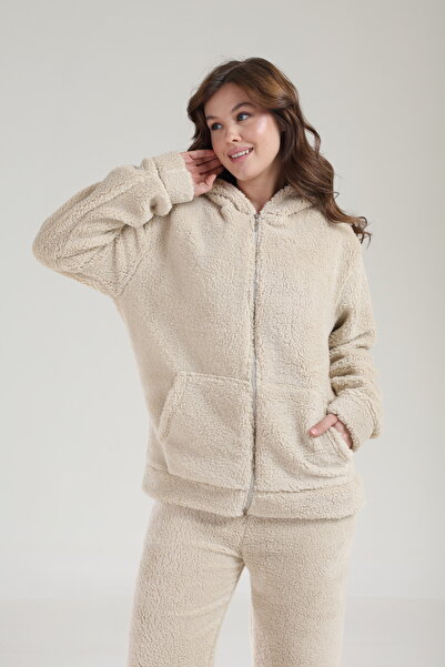 Tight Lady Team Welsoft Winter Wide Leg Pants and Kangru Pocket Hooded Zippered Cardigan Bottom Top Plush Set