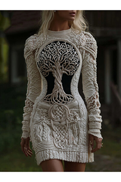 Codan Women's Viking Celtic Tree Of Life With Rose Art Cozy Knit Mini Sweater Dress